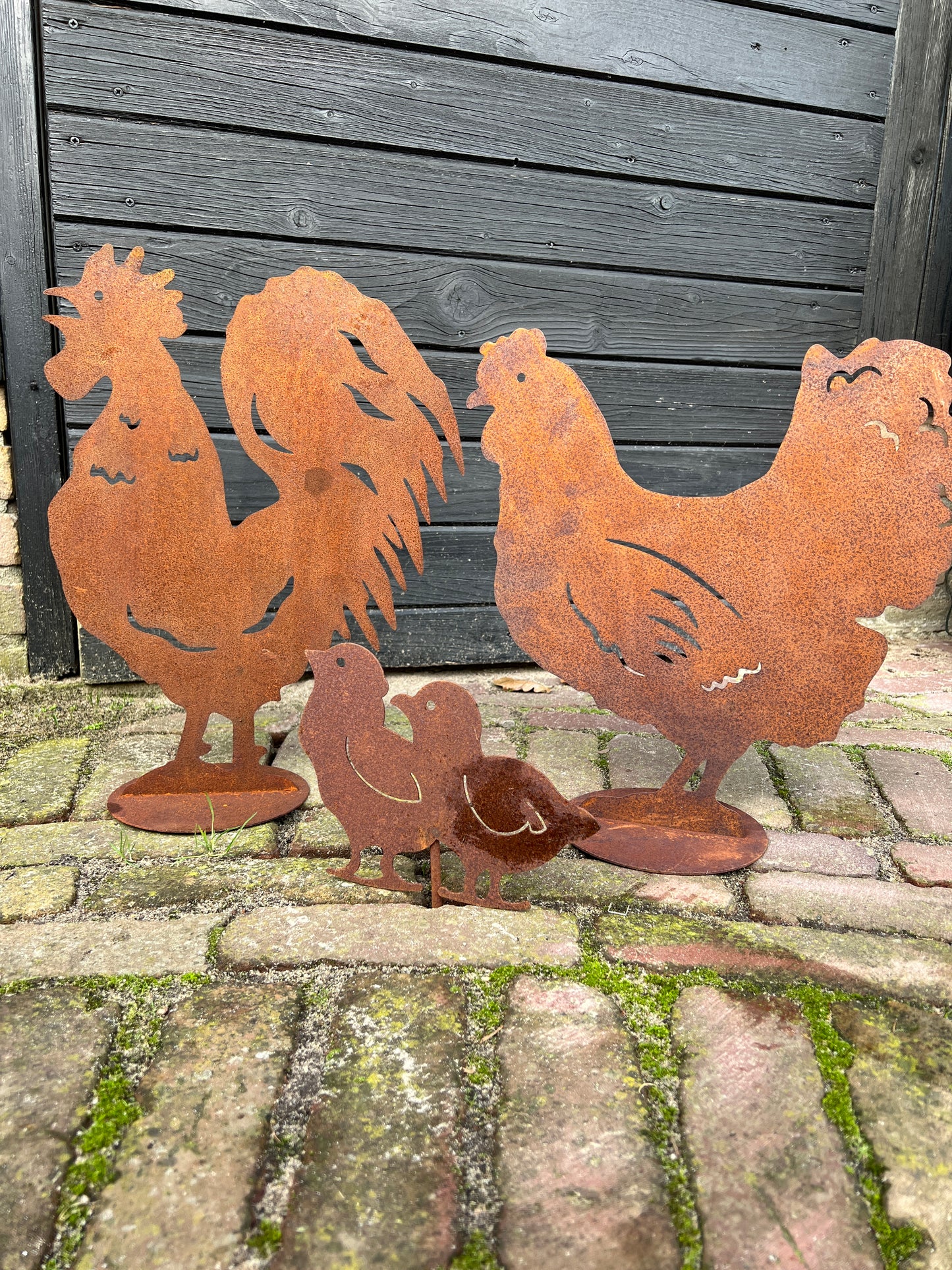 Chicks on pin, rusted