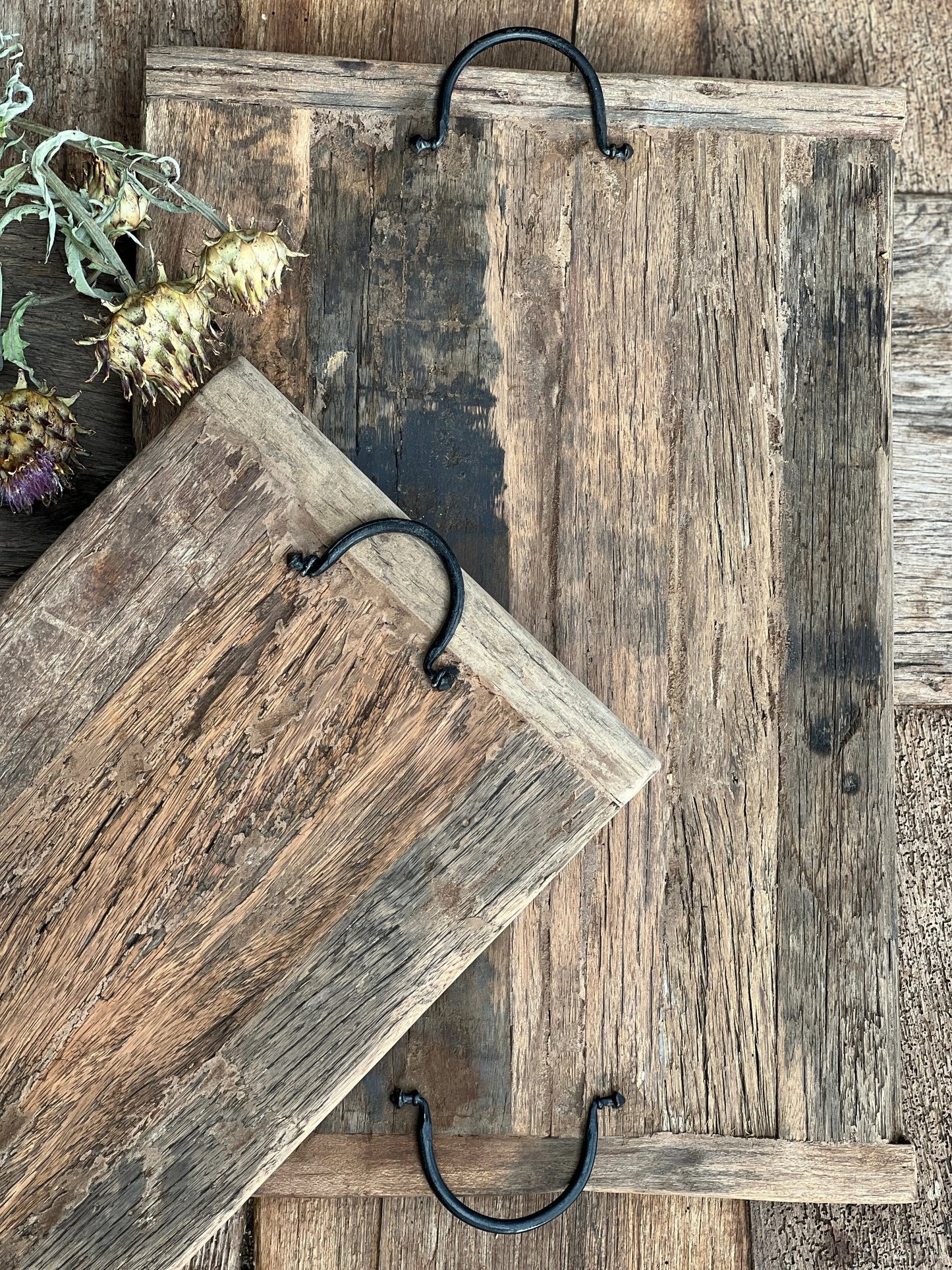 Wooden tray with iron handles, available in 3 sizes