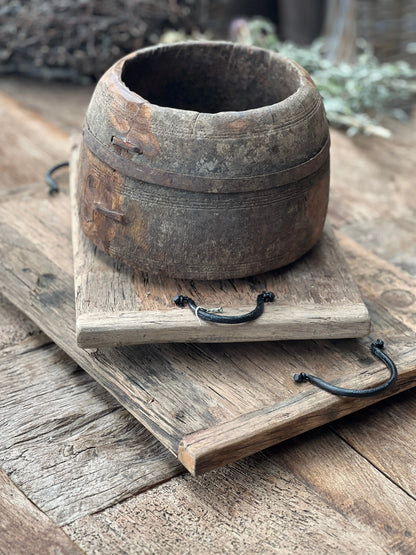 Wooden tray with iron handles, available in 3 sizes