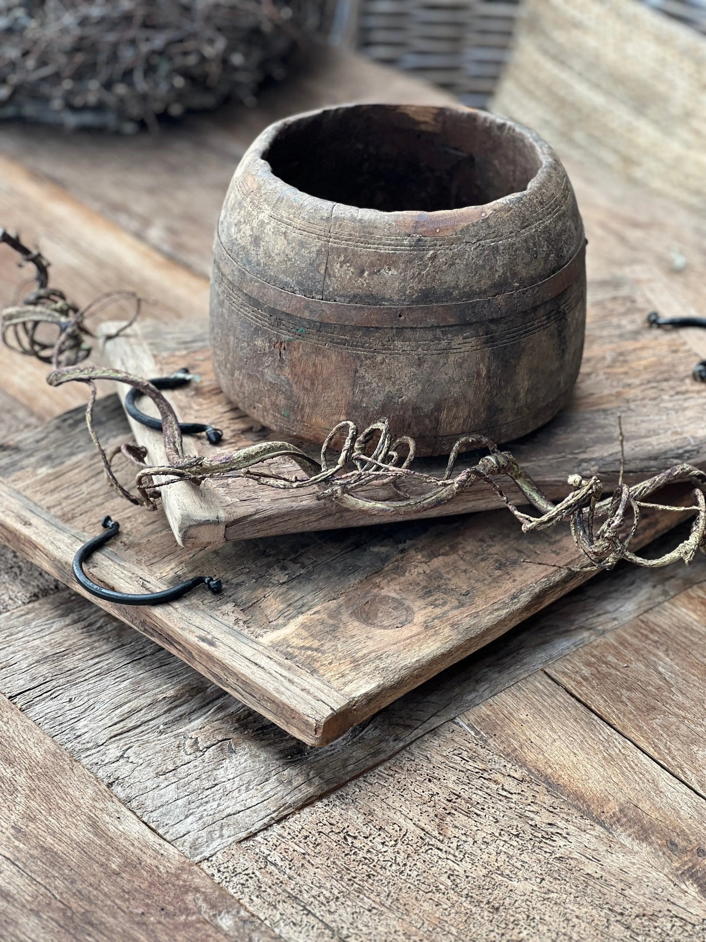 Wooden tray with iron handles, available in 3 sizes