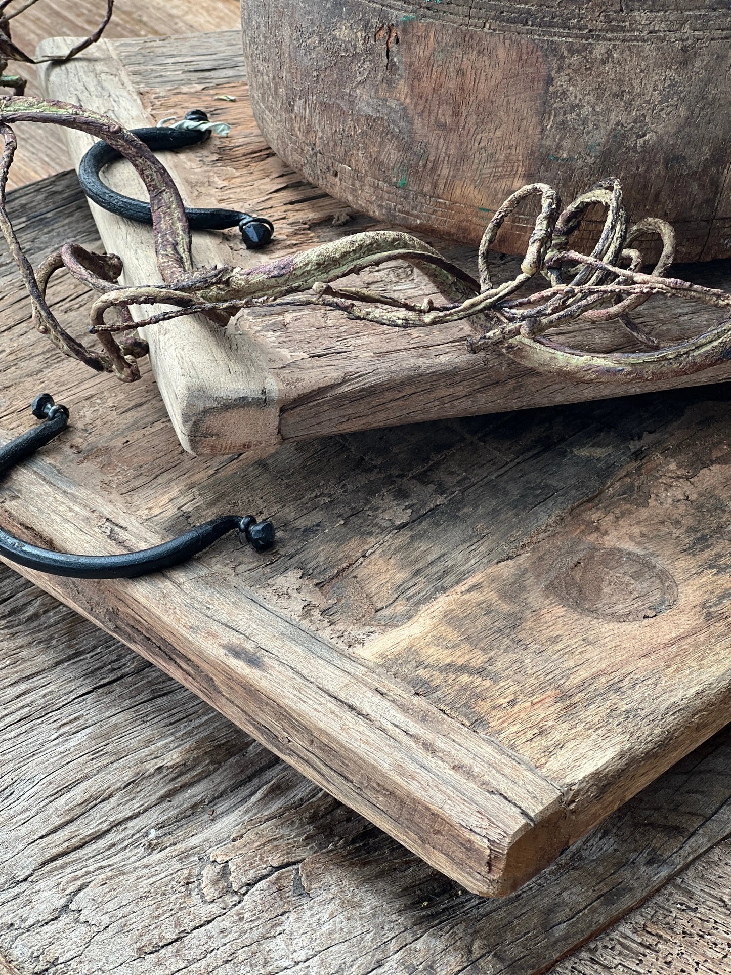 Wooden tray with iron handles, available in 3 sizes