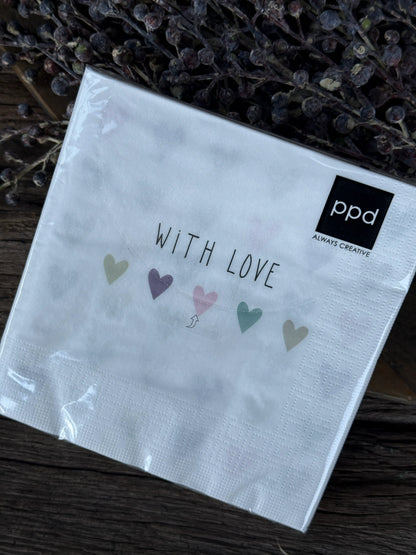 Papieren Servetten "With Love"- 20 stuks- 17x17 cm.