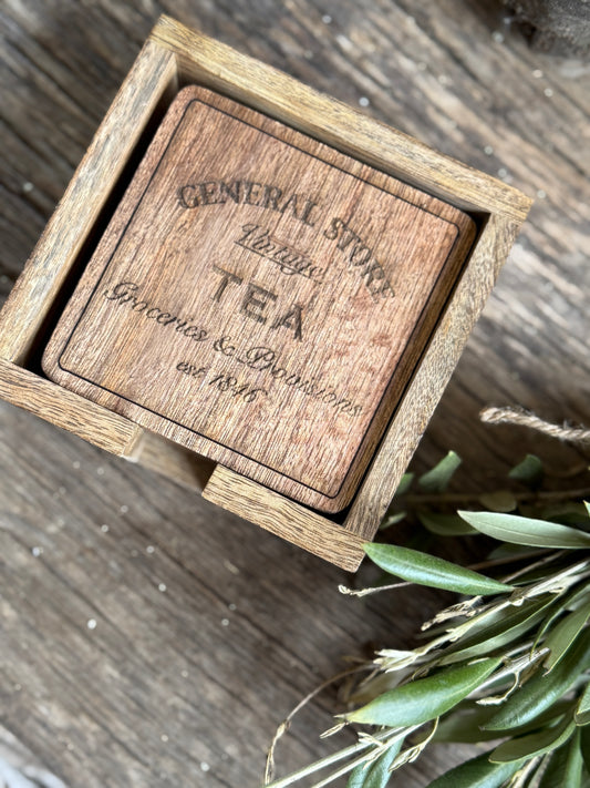 Houten Onderzetters met Houder – Set van 4 – Tea Design