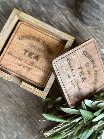 Wooden Coasters with Holder – Set of 4 – Tea Design