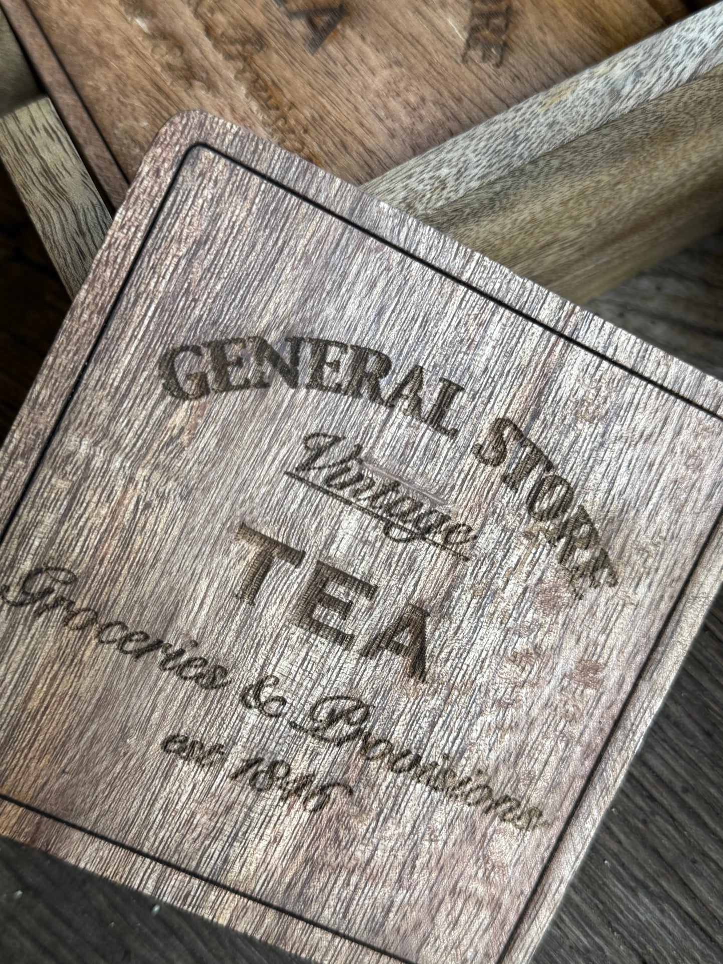 Wooden Coasters with Holder – Set of 4 – Tea Design