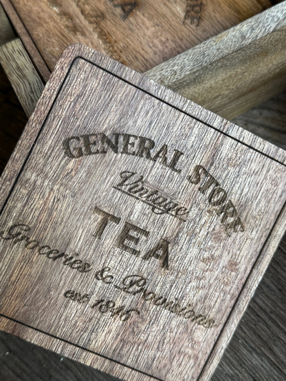 Wooden Coasters with Holder – Set of 4 – Tea Design