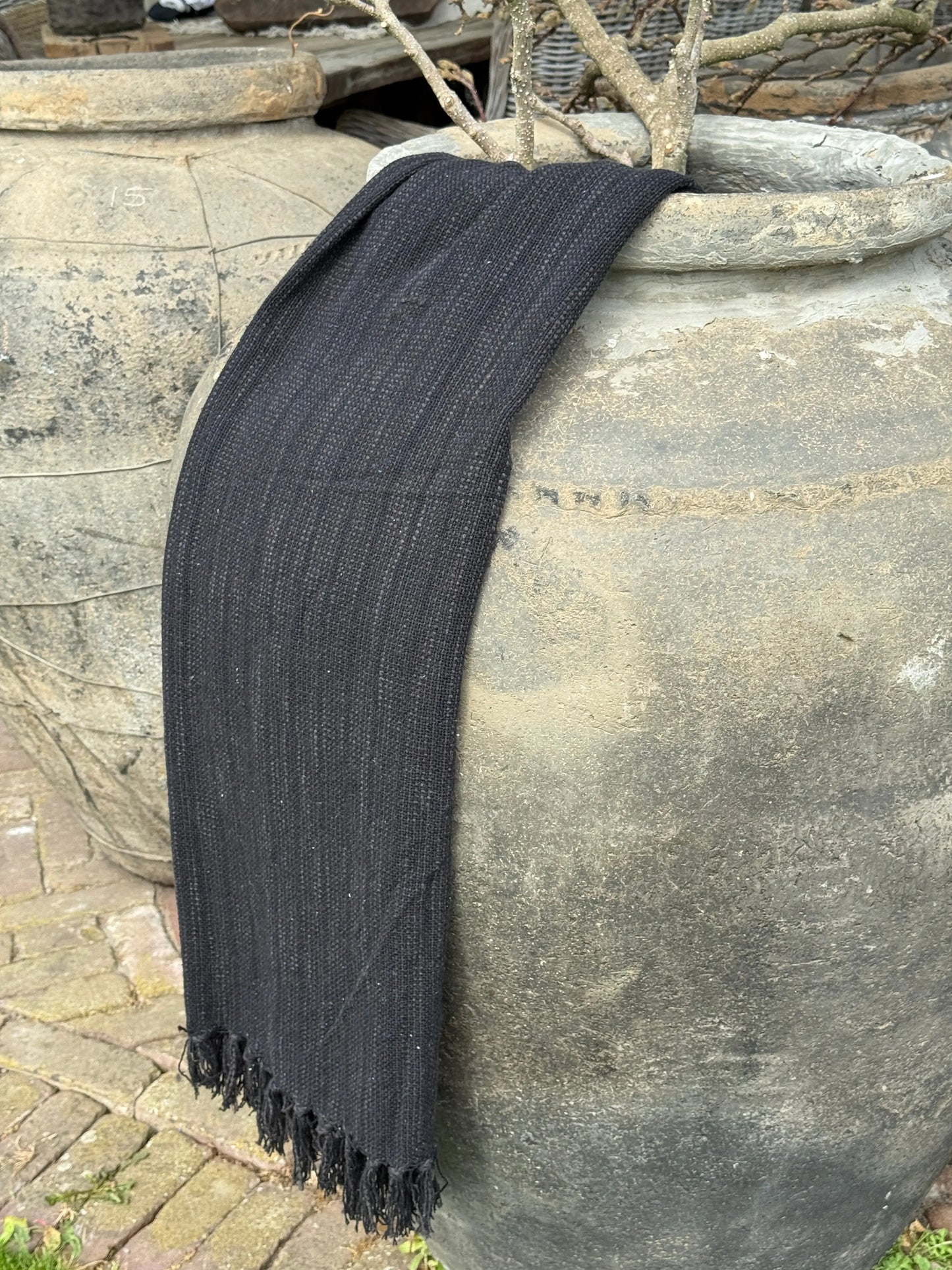 Cotton Plaid with Fringe – Black – 130x160 cm