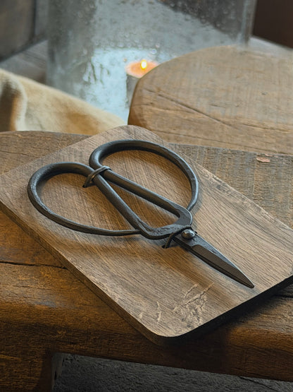 Metalen schaartje op houten plankje