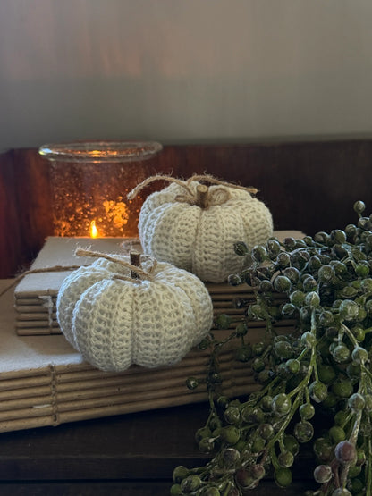 Gebreide Pompoen Crème met Houten Steeltje – Landelijke Herfstdecoratie