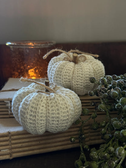Gebreide Pompoen Crème met Houten Steeltje – Landelijke Herfstdecoratie