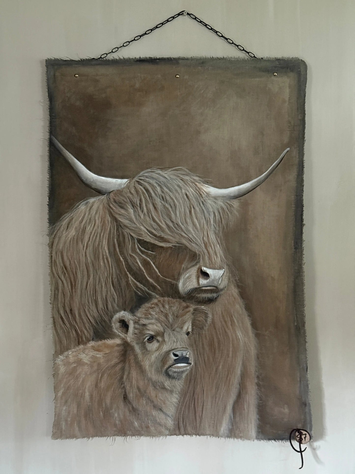 Chalk canvas "Scottish Highlander with Calf" – Hand painted by San7