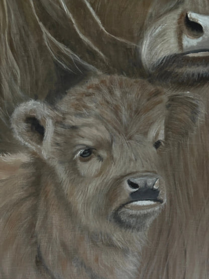 Chalk canvas "Scottish Highlander with Calf" – Hand painted by San7