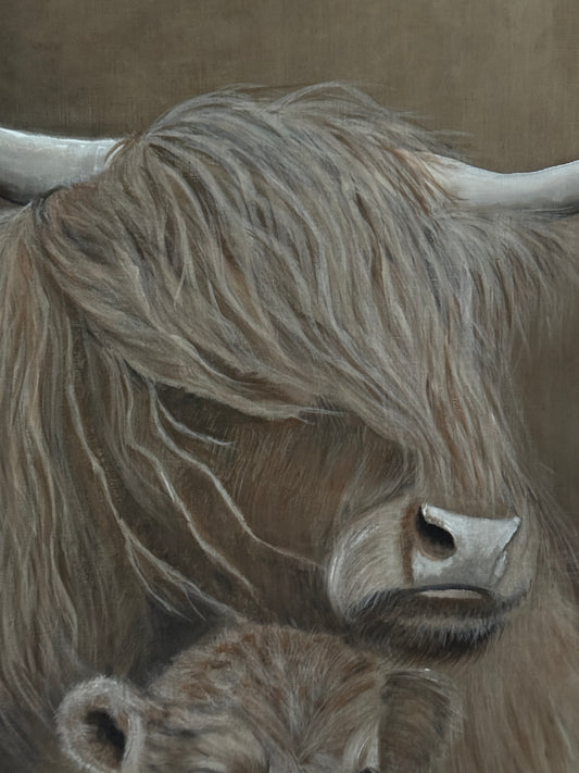 Chalk canvas "Scottish Highlander with Calf" – Hand painted by San7