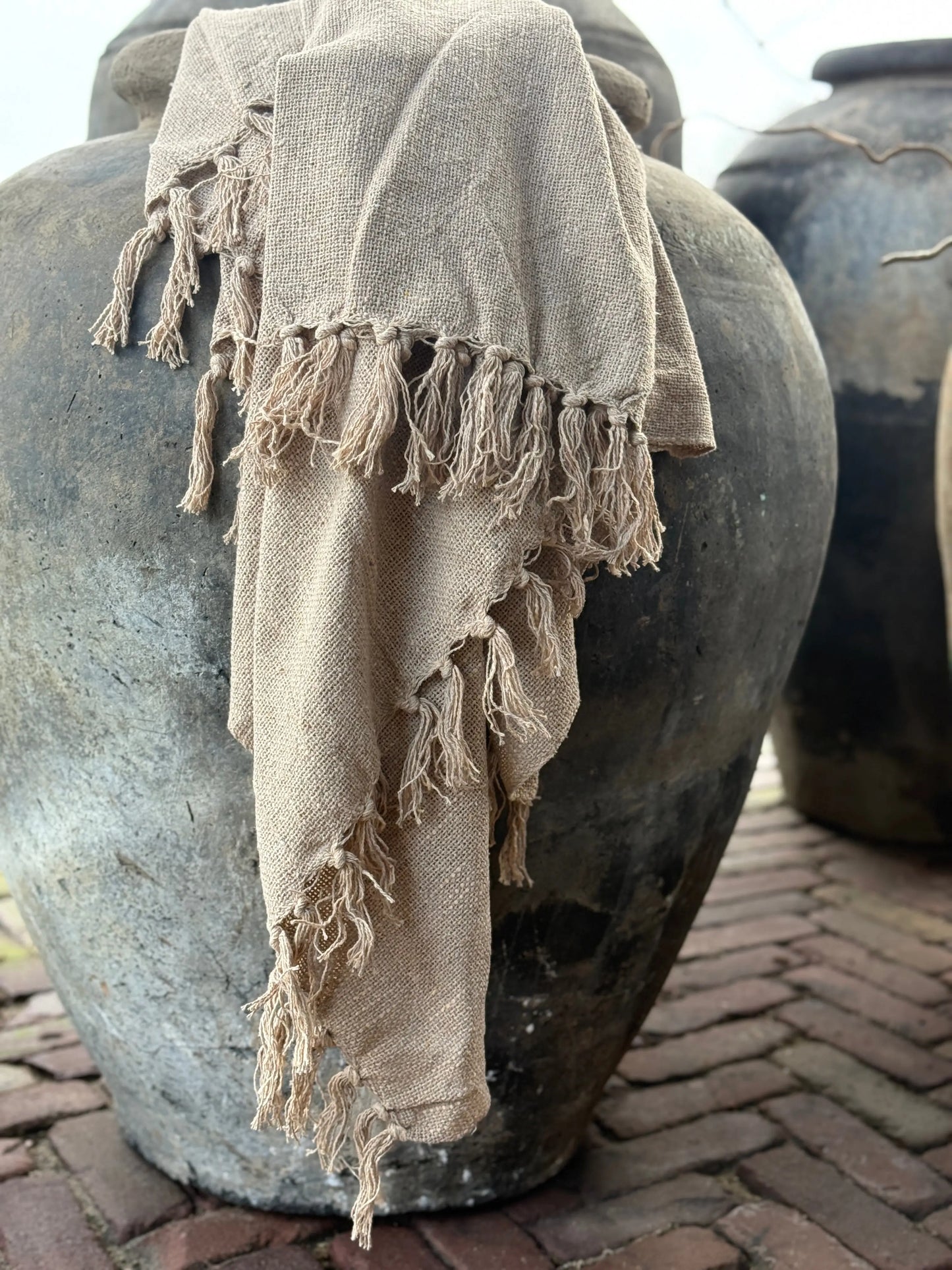 Cotton Plaid with Fringe – Sand – 130x160 cm