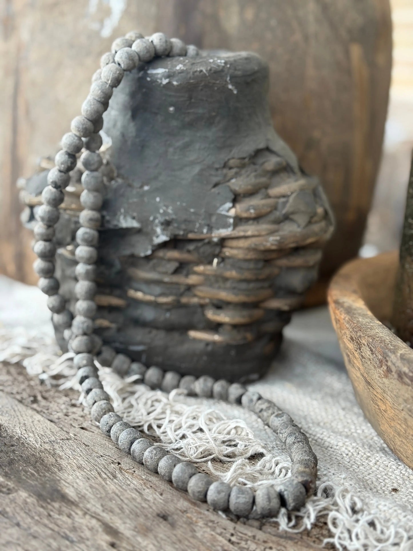 Wooden Bead Necklace – Mottled Light Gray