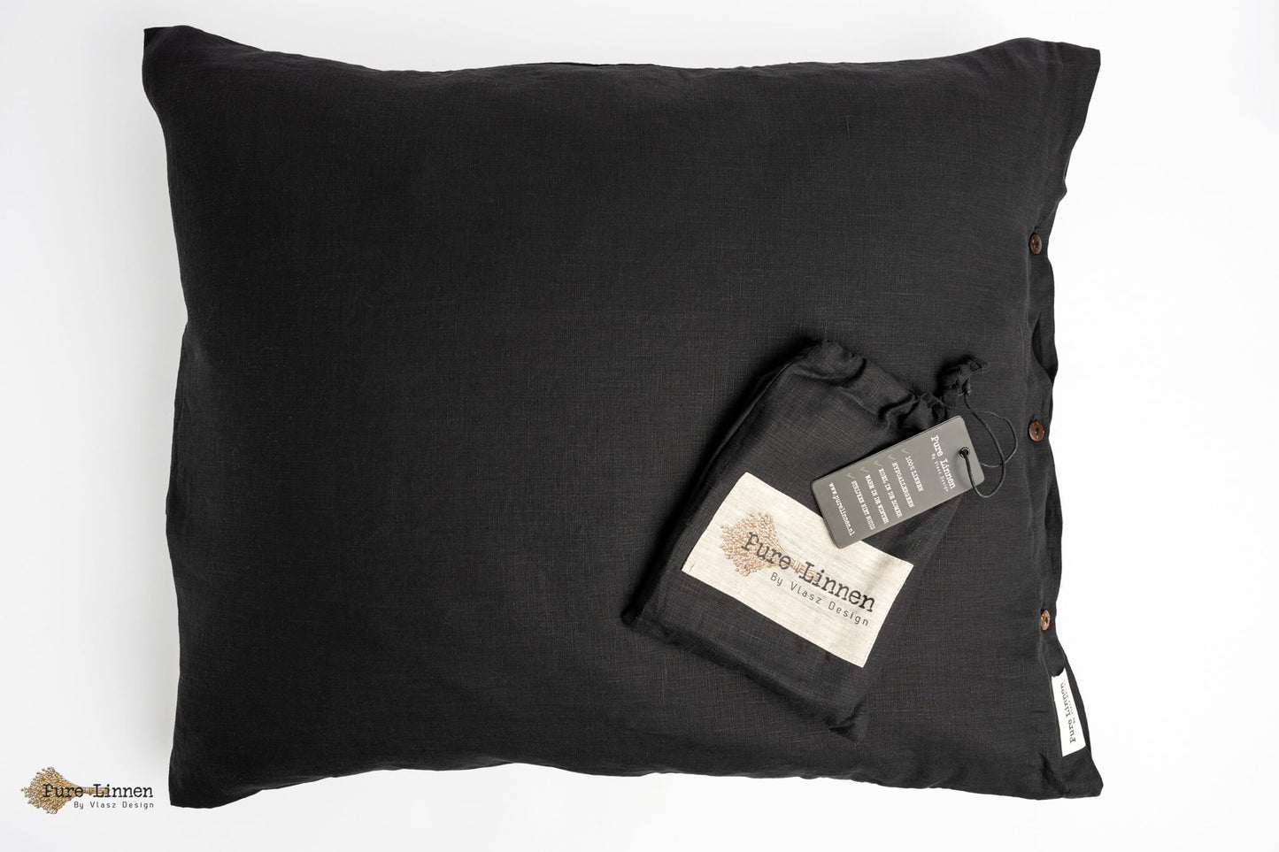 Linen Pillowcase Black/Buttons - Pure Linen