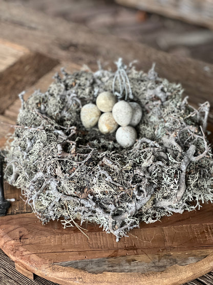 Nest aus grauem Moos und Bonsai, 30 cm.